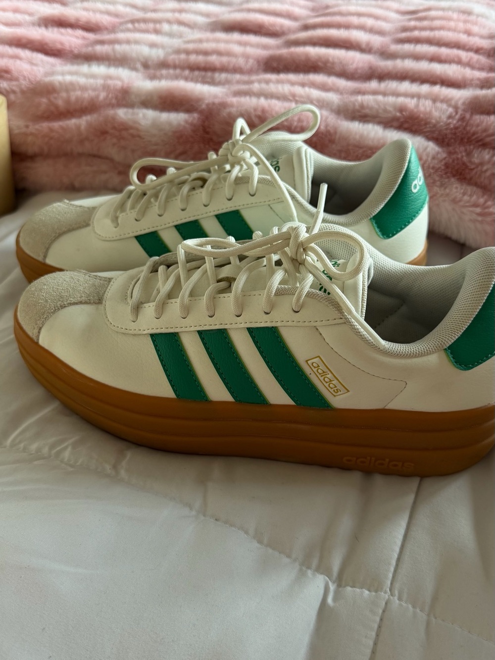 adidas Women’s White Sneakers with Green Stripes and Gum Sole